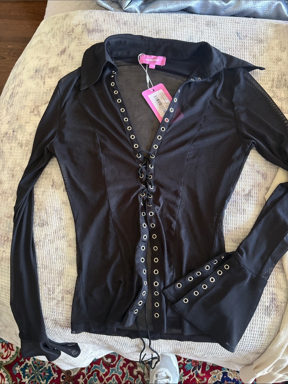 Edikted Black Lace-Up Long Sleeve Button Down Top